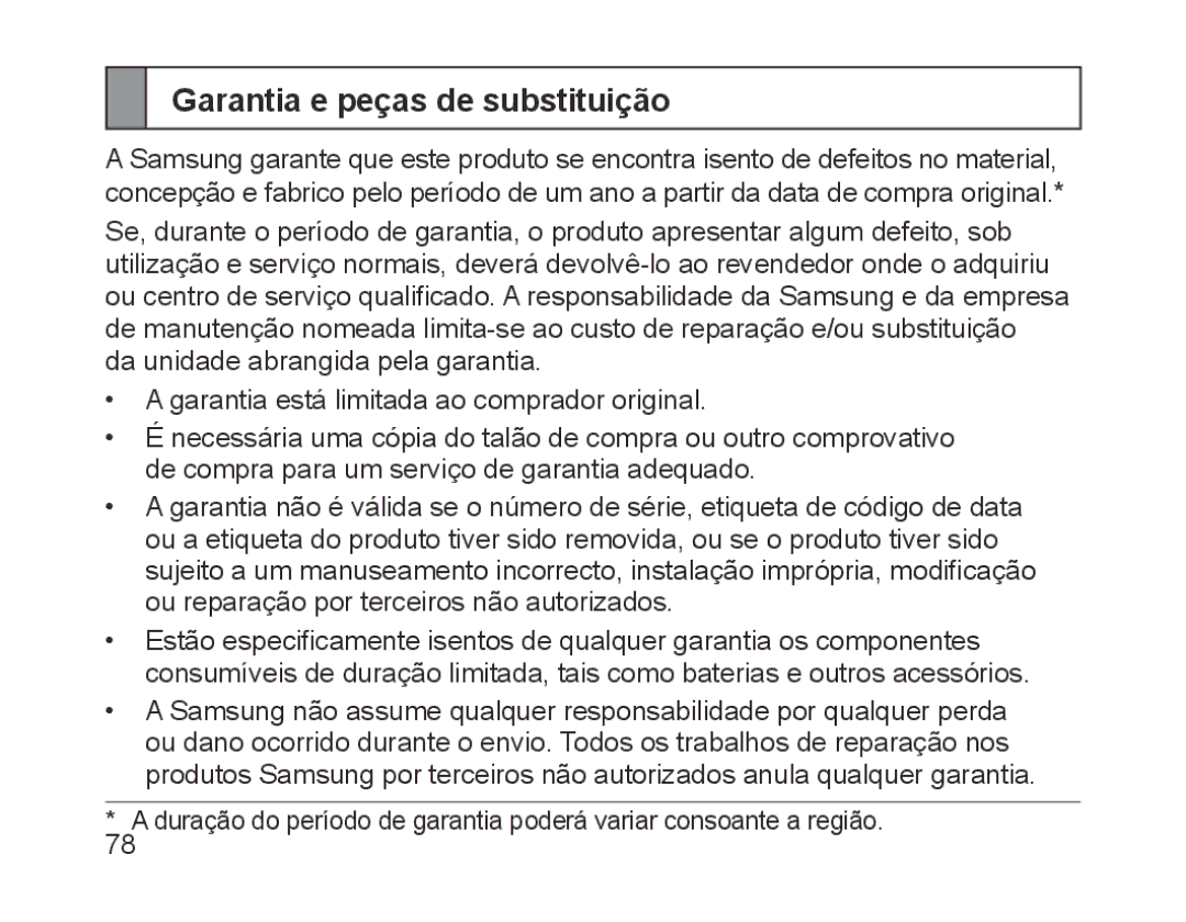 Samsung BHM1700EMECHAT, BHM1700VDECXEF, BHM1700VPECXEF, BHM1700EDECXEF, BHM1700EBECXEF manual Garantia e peças de substituição 