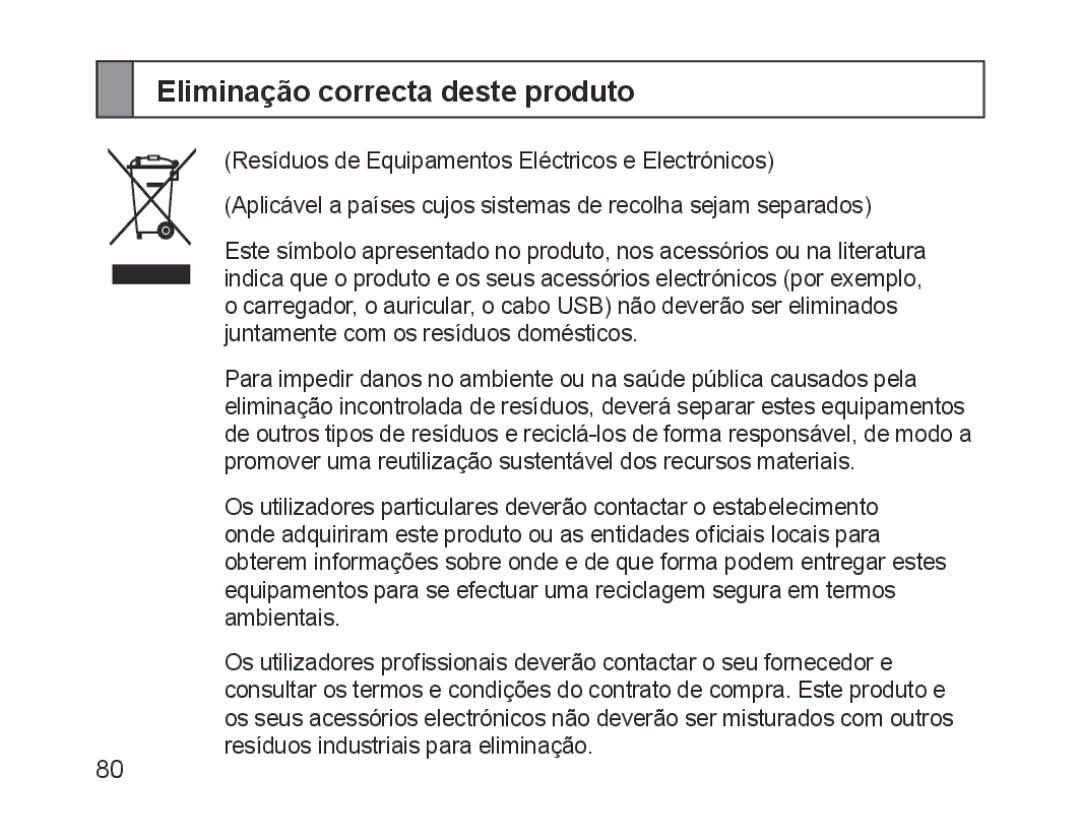 Samsung BHM1700EDRCSER, BHM1700VDECXEF, BHM1700VPECXEF, BHM1700EDECXEF, BHM1700EBECXEF manual Eliminação correcta deste produto 