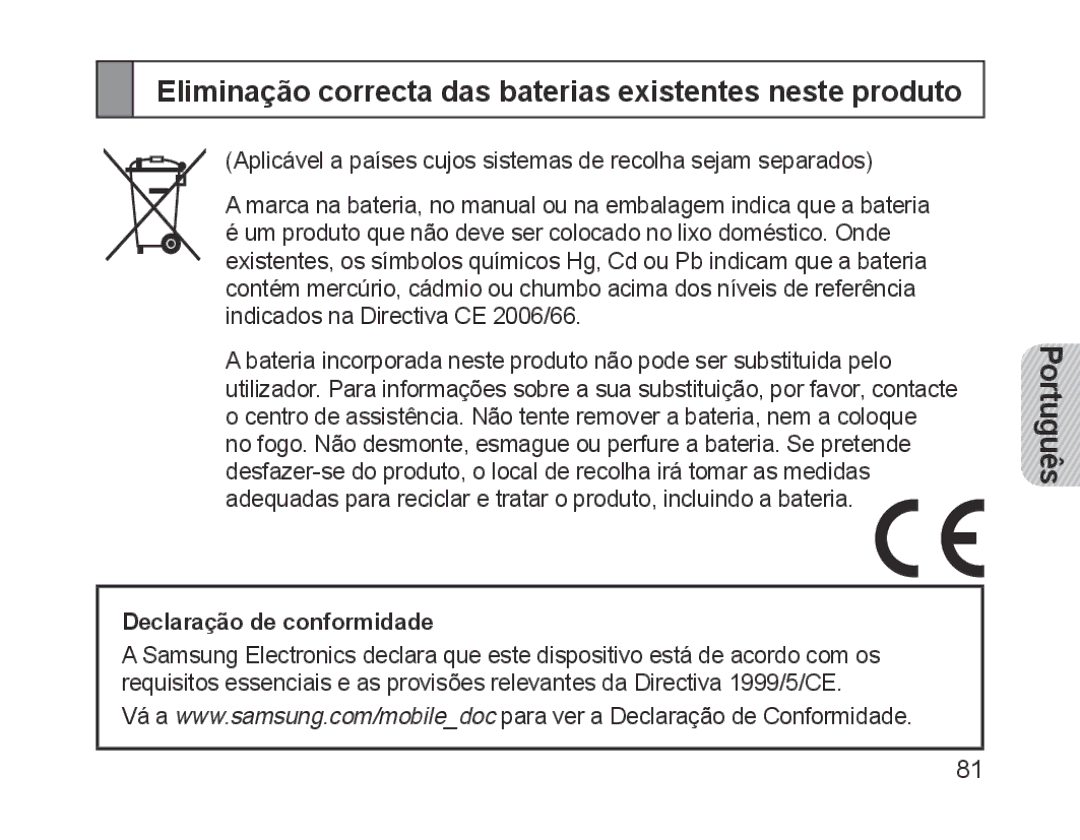 Samsung BHM1700EPRCSER manual Eliminação correcta das baterias existentes neste produto, Declaração de conformidade 