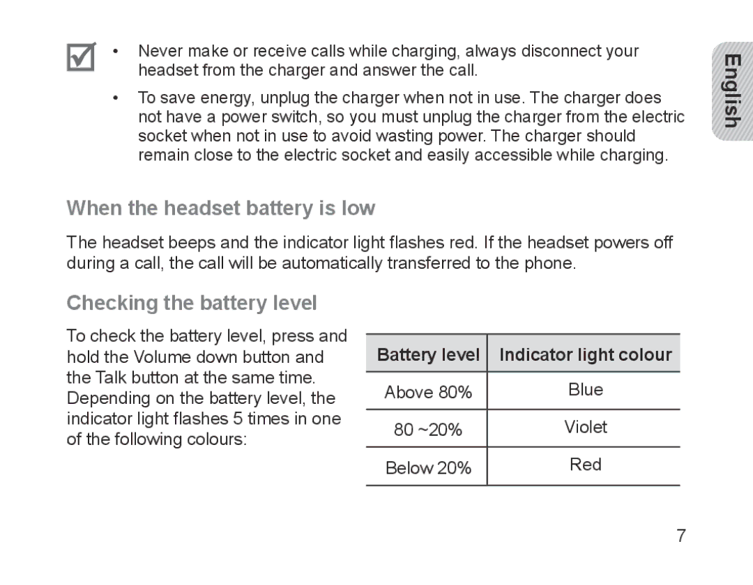 Samsung BHM1700EDECXEH When the headset battery is low, Checking the battery level, Battery level Indicator light colour 