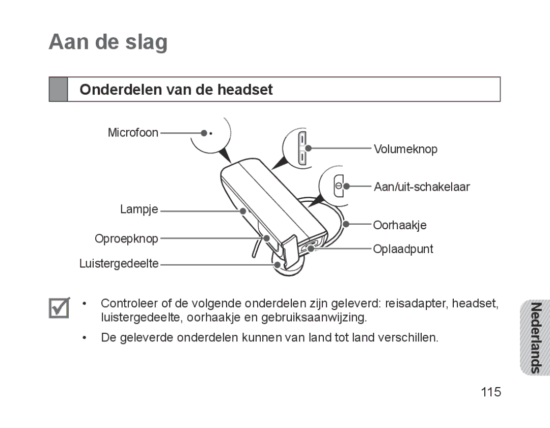 Samsung BHM1700EDECXEE, BHM1700VDECXEF, BHM1700VPECXEF, BHM1700EDECXEF, BHM1700EBECXEF Aan de slag, Onderdelen van de headset 