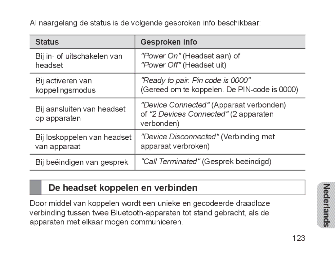 Samsung BHM1700EPRCSER, BHM1700VDECXEF, BHM1700VPECXEF manual De headset koppelen en verbinden, Status Gesproken info 