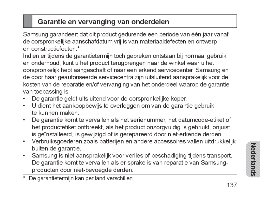 Samsung BHM1700EPECEUR, BHM1700VDECXEF, BHM1700VPECXEF, BHM1700EDECXEF, BHM1700EBECXEF Garantie en vervanging van onderdelen 