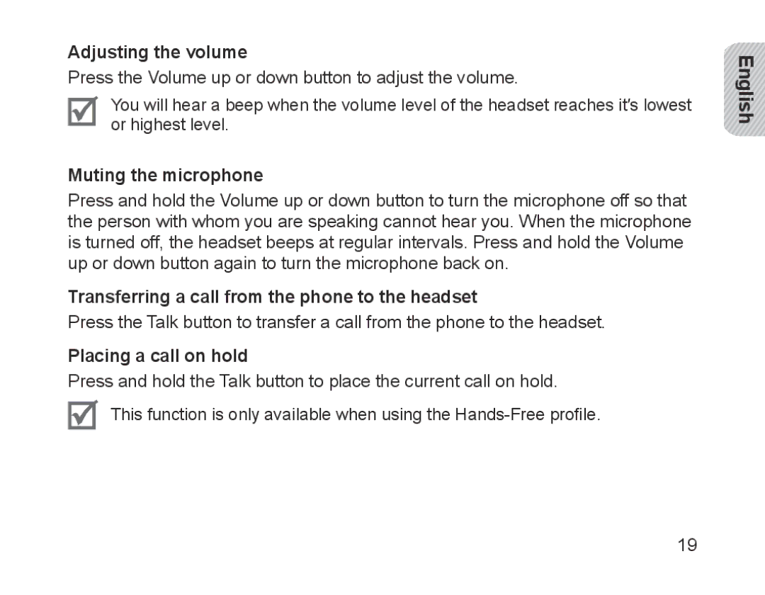 Samsung BHM1700VDECXEF Adjusting the volume, Muting the microphone, Transferring a call from the phone to the headset 