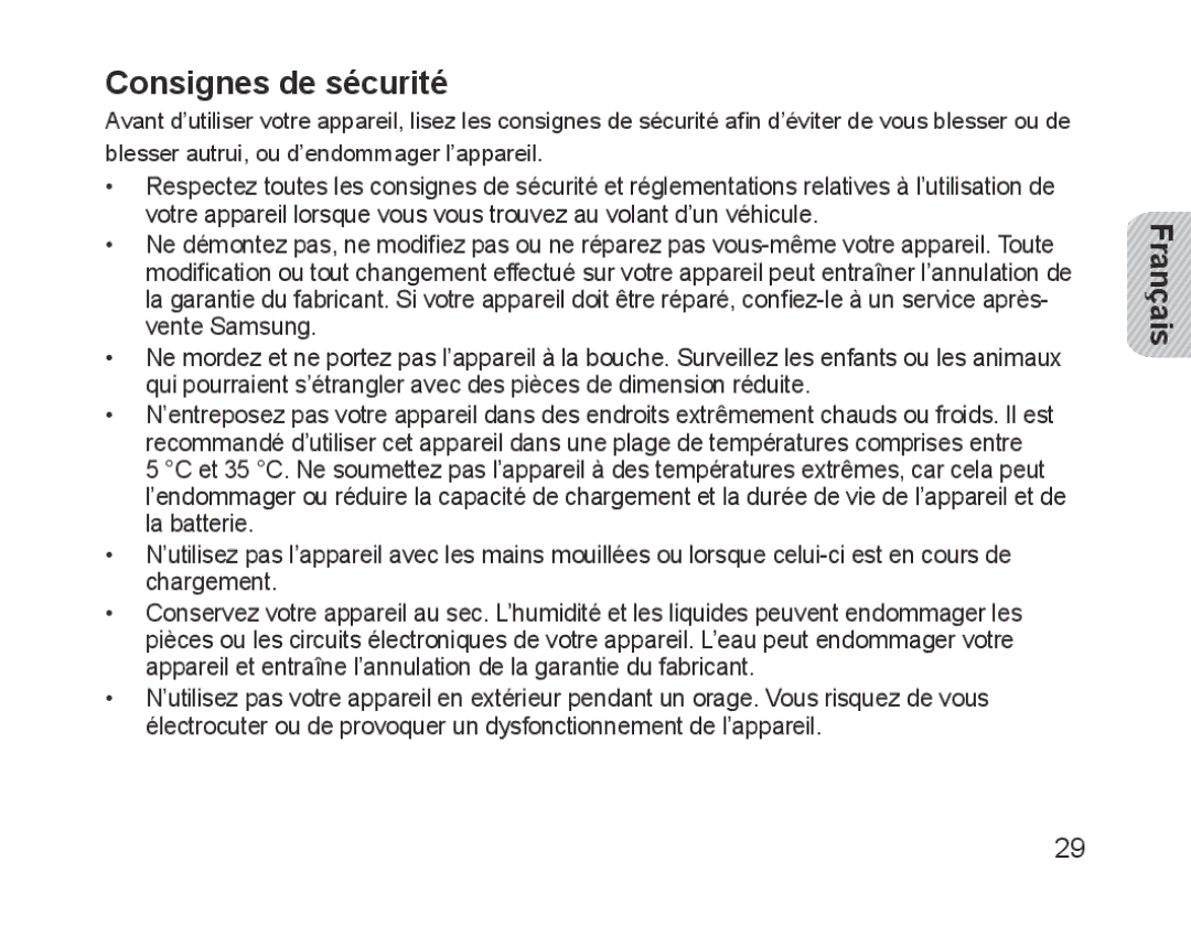 Samsung BHM1700EPECXEH, BHM1700VDECXEF, BHM1700VPECXEF, BHM1700EDECXEF, BHM1700EBECXEF, BHM1700EPECXEF Consignes de sécurité 