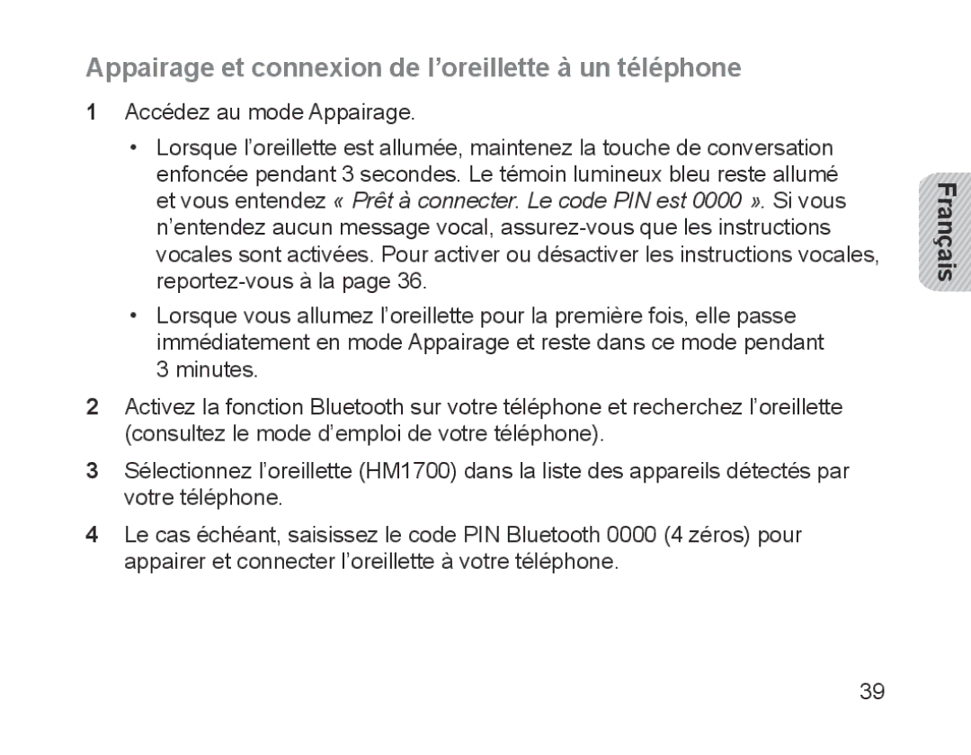 Samsung BHM1700EPRCSER, BHM1700VDECXEF, BHM1700VPECXEF, BHM1700EDECXEF Appairage et connexion de l’oreillette à un téléphone 