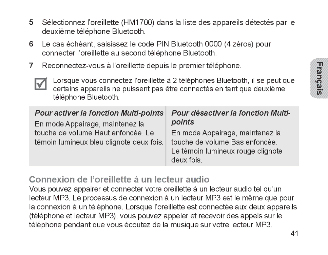 Samsung BHM1700VPECXEF, BHM1700VDECXEF Connexion de l’oreillette à un lecteur audio, Pour activer la fonction Multi-points 