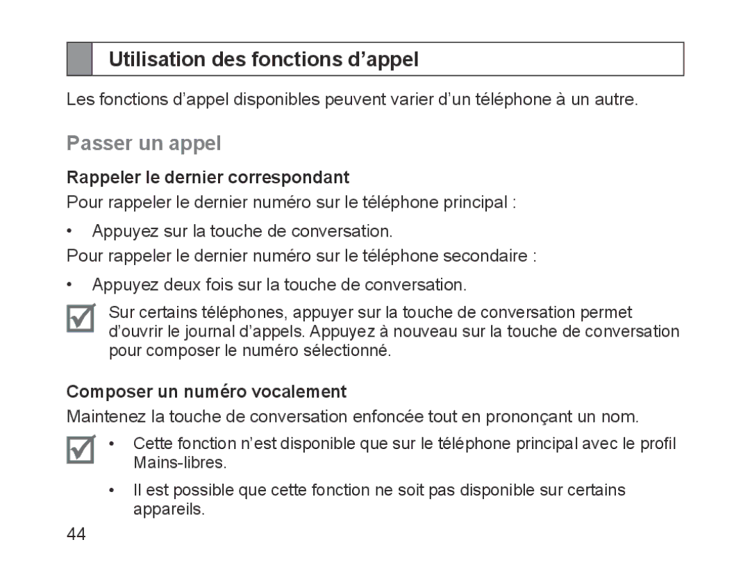 Samsung BHM1700EPECXEF manual Utilisation des fonctions d’appel, Passer un appel, Rappeler le dernier correspondant 