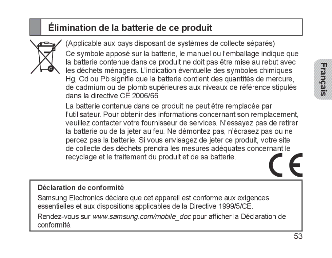 Samsung BHM1700EPECEUR, BHM1700VDECXEF, BHM1700VPECXEF Élimination de la batterie de ce produit, Déclaration de conformité 