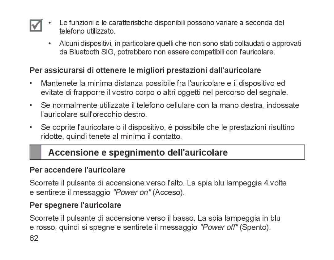 Samsung BHM1700VPECXEF manual Accensione e spegnimento dellauricolare, Per accendere lauricolare, Per spegnere lauricolare 