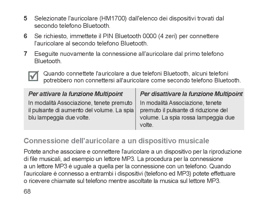 Samsung BHM1700EDECFOP manual Connessione dellauricolare a un dispositivo musicale, Per attivare la funzione Multipoint 