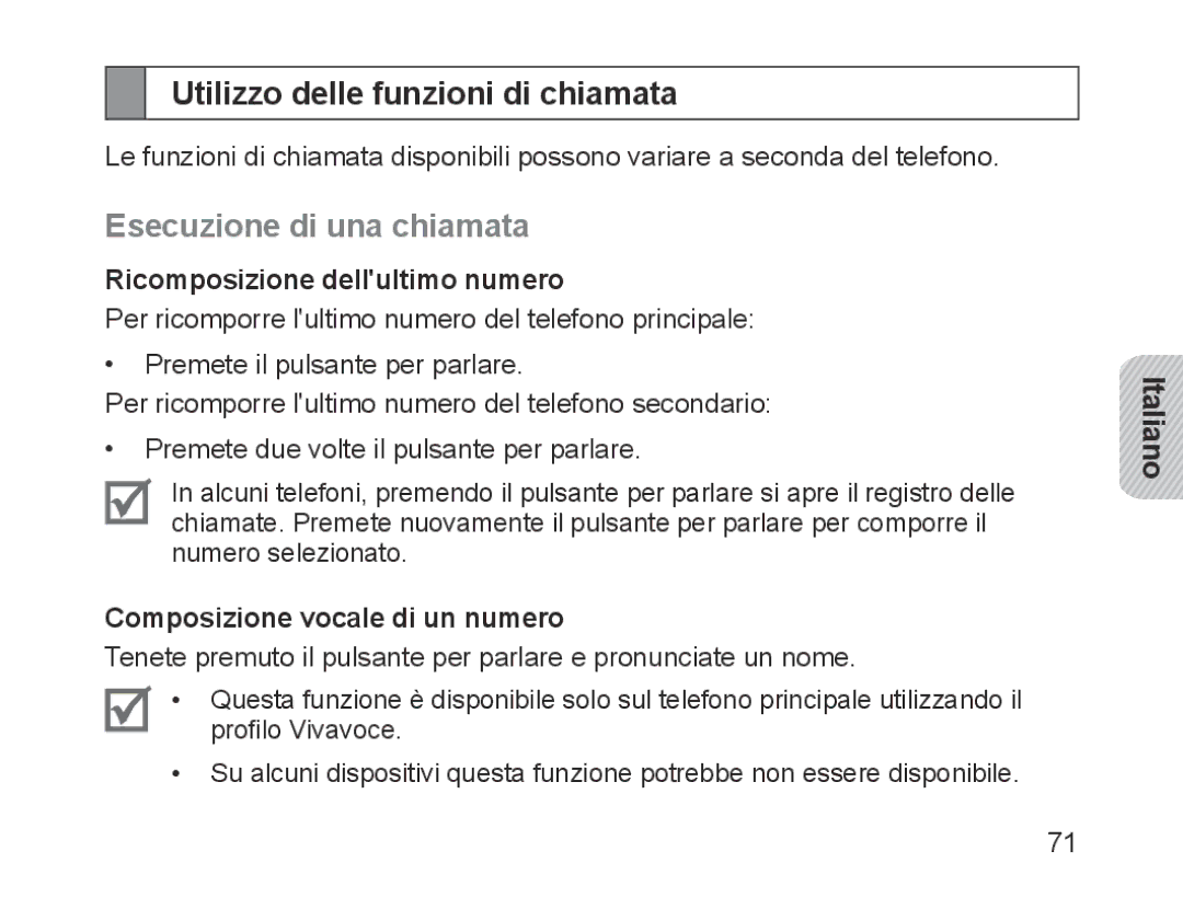 Samsung BHM1700EPECXEH Utilizzo delle funzioni di chiamata, Esecuzione di una chiamata, Ricomposizione dellultimo numero 