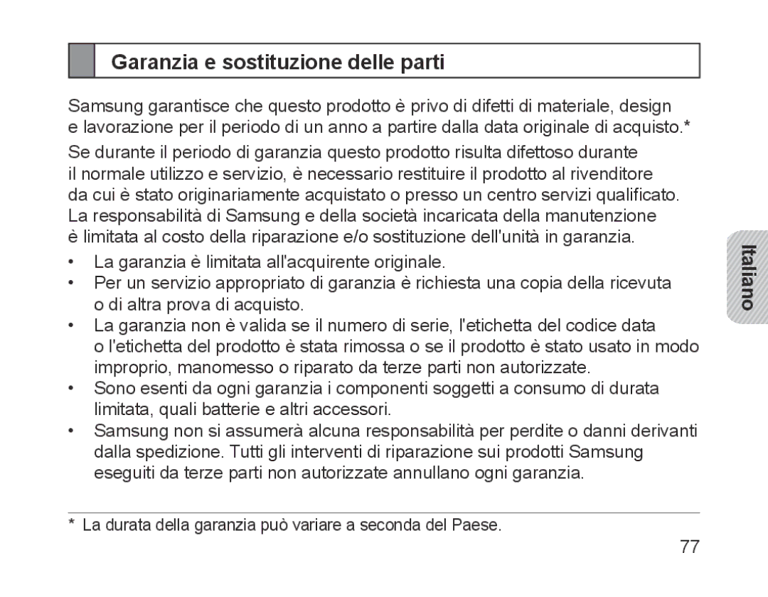 Samsung BHM1700EDECHAT, BHM1700VDECXEF, BHM1700VPECXEF, BHM1700EDECXEF, BHM1700EBECXEF Garanzia e sostituzione delle parti 