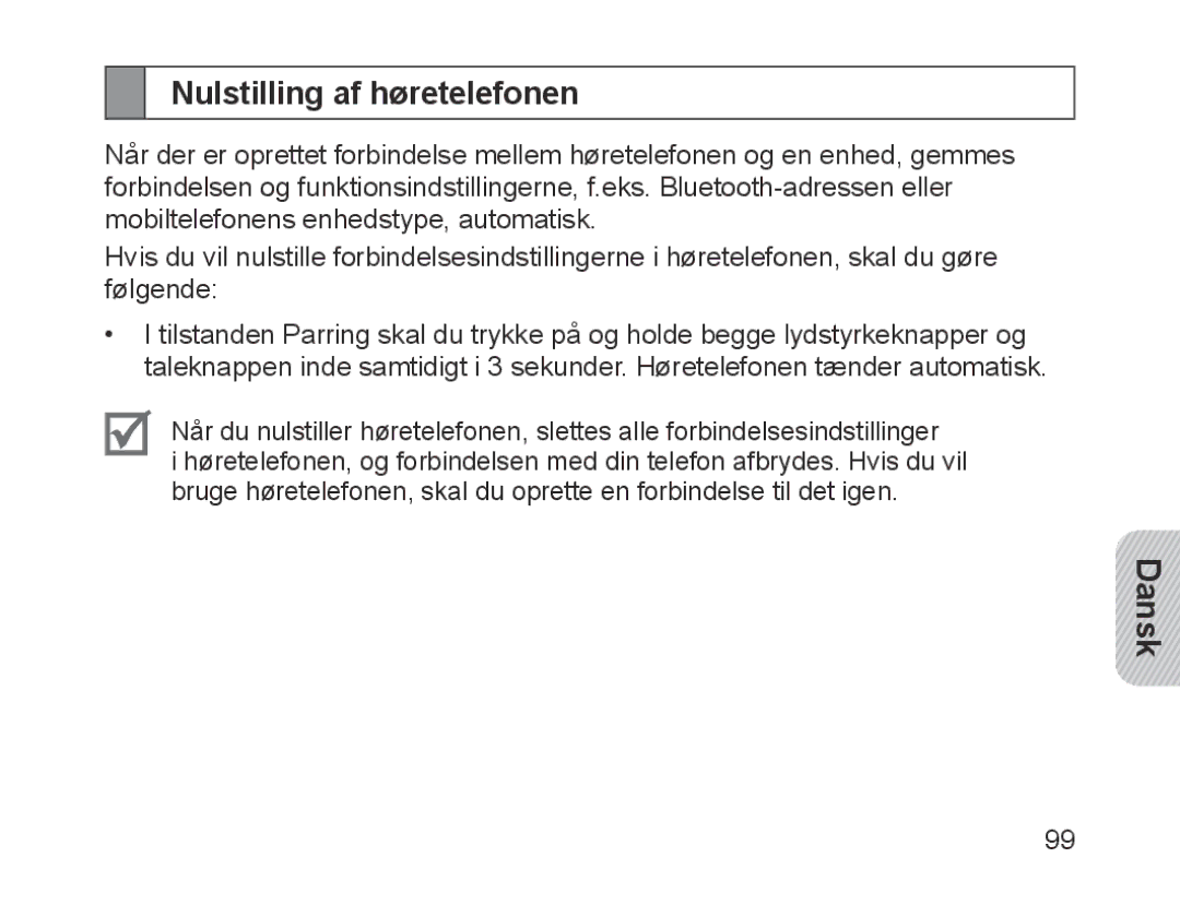 Samsung BHM1700EMECHAT, BHM1700VDECXEF, BHM1700VPECXEF, BHM1700EDECXEF, BHM1700EBECXEF manual Nulstilling af høretelefonen 