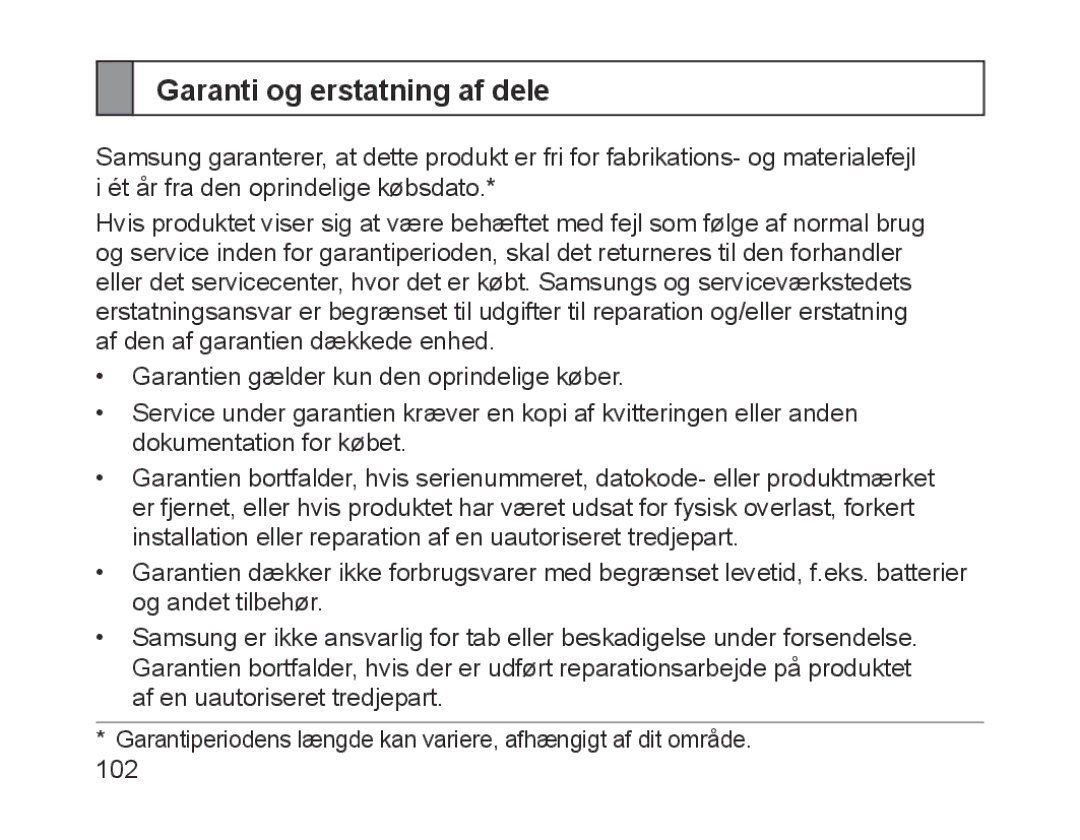 Samsung BHM1700EPRCSER, BHM1700VDECXEF, BHM1700VPECXEF, BHM1700EDECXEF, BHM1700EBECXEF manual Garanti og erstatning af dele 