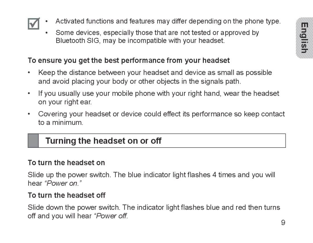 Samsung BHM1700VDECXEE manual Turning the headset on or off, To ensure you get the best performance from your headset 