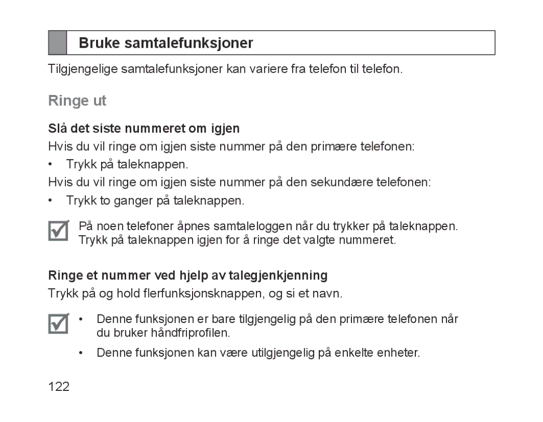 Samsung BHM1700EDRCSER, BHM1700VDECXEF, BHM1700VPECXEF Bruke samtalefunksjoner, Ringe ut, Slå det siste nummeret om igjen 