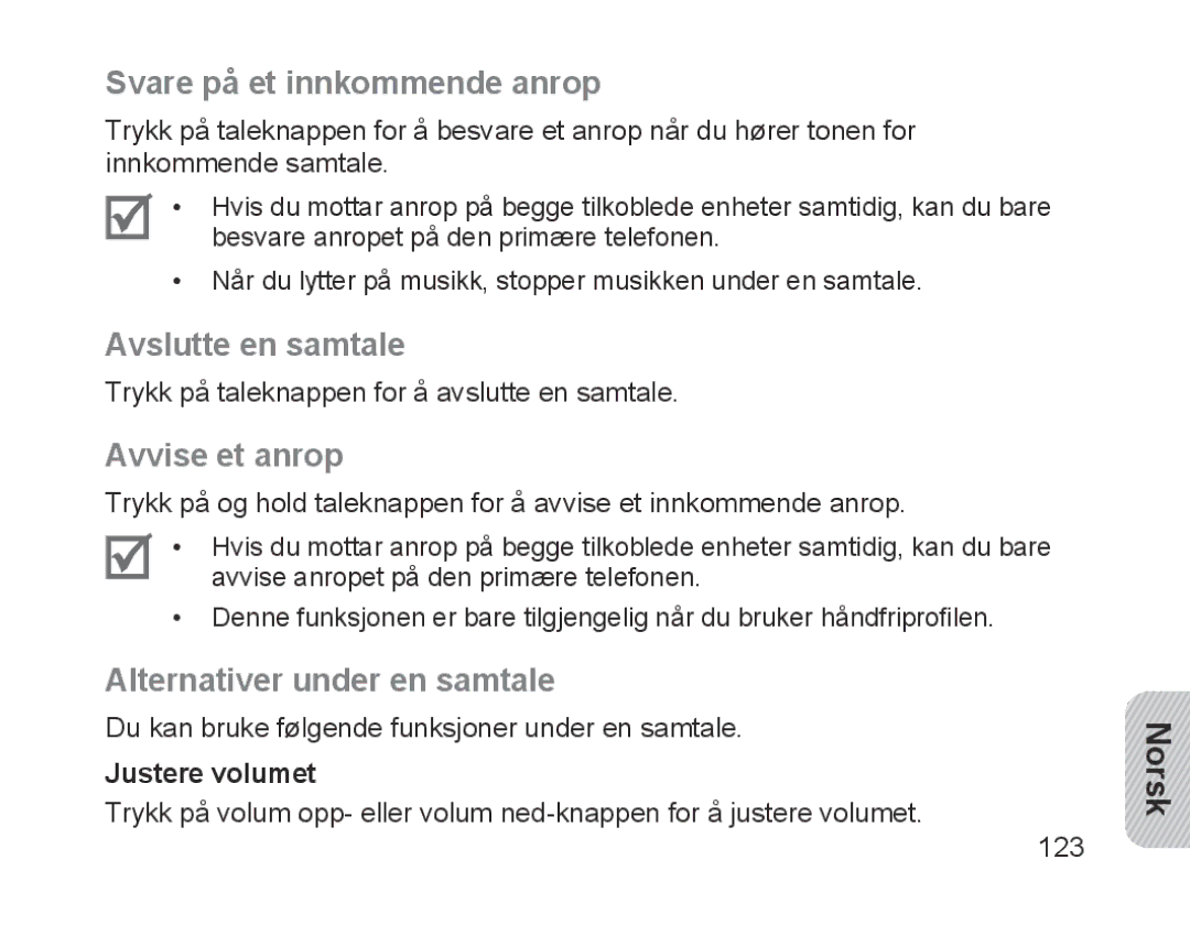 Samsung BHM1700EPRCSER Svare på et innkommende anrop, Avslutte en samtale, Avvise et anrop, Alternativer under en samtale 