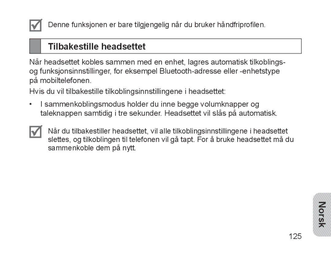 Samsung BHM1700VPECXEF, BHM1700VDECXEF, BHM1700EDECXEF, BHM1700EBECXEF, BHM1700EPECXEF manual Tilbakestille headsettet 