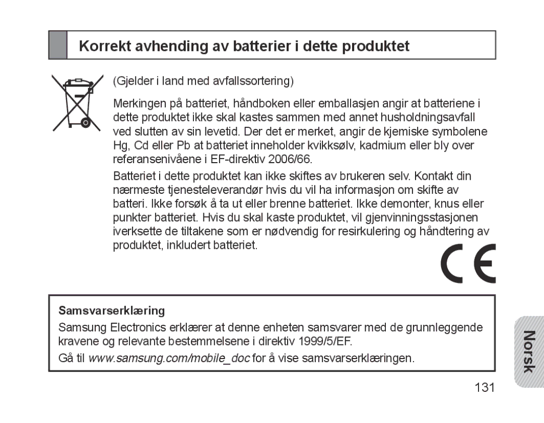 Samsung BHM1700EDECFOP, BHM1700VDECXEF, BHM1700VPECXEF Korrekt avhending av batterier i dette produktet, Samsvarserklæring 