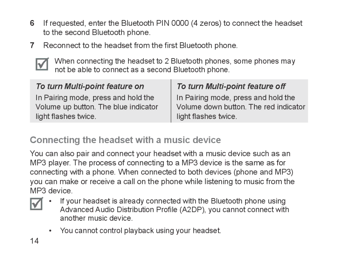 Samsung BHM1700EDECHAT, BHM1700VDECXEF manual Connecting the headset with a music device, To turn Multi-point feature off 