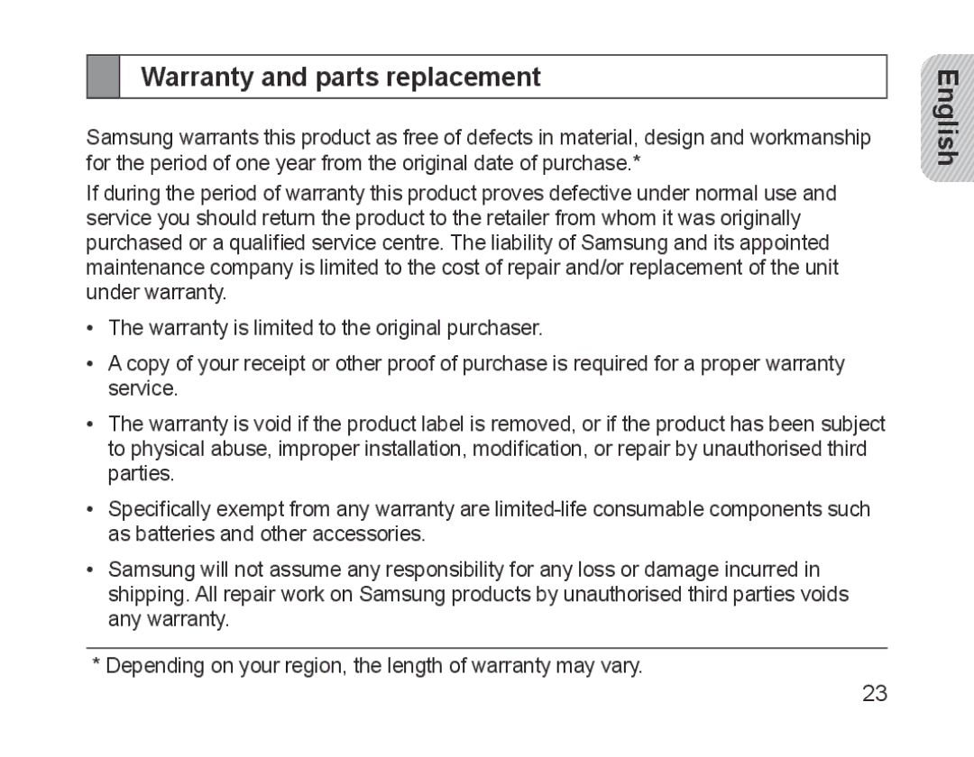 Samsung BHM1700EPECXEF, BHM1700VDECXEF, BHM1700VPECXEF, BHM1700EDECXEF, BHM1700EBECXEF manual Warranty and parts replacement 