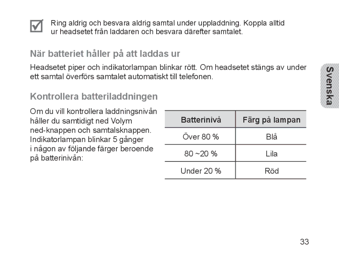 Samsung BHM1700EDECEUR, BHM1700VDECXEF, BHM1700VPECXEF När batteriet håller på att laddas ur, Batterinivå Färg på lampan 