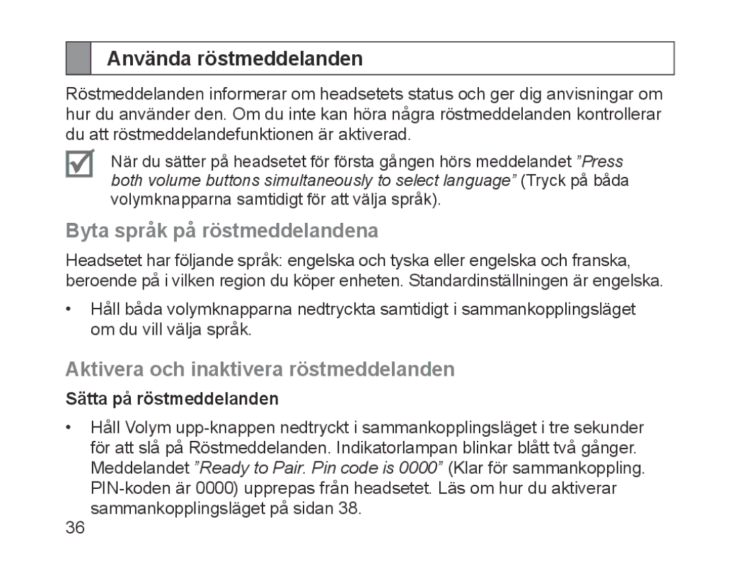 Samsung BHM1700EMECHAT Använda röstmeddelanden, Byta språk på röstmeddelandena, Aktivera och inaktivera röstmeddelanden 