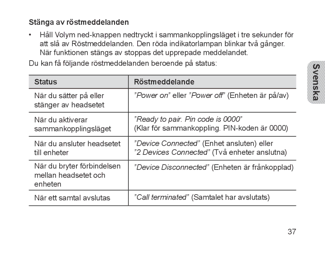 Samsung BHM1700EPECHAT, BHM1700VDECXEF, BHM1700VPECXEF, BHM1700EDECXEF manual Stänga av röstmeddelanden, Status Röstmeddelande 