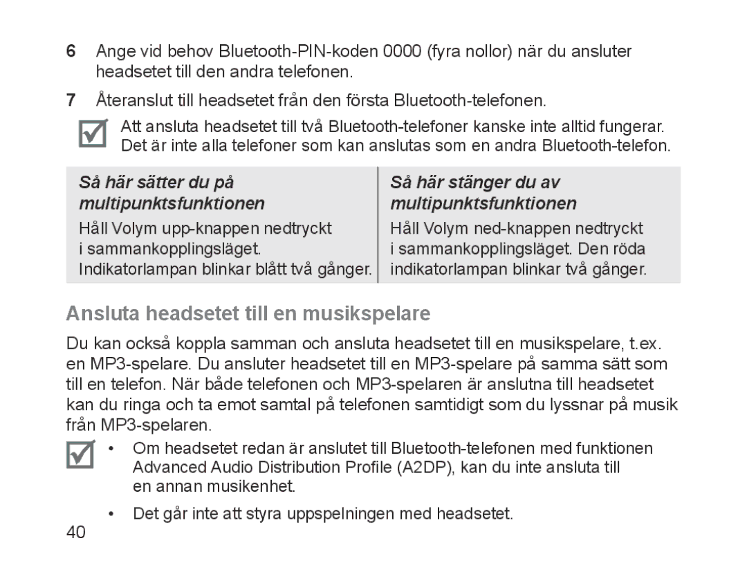 Samsung BHM1700VDECXEF, BHM1700VPECXEF Ansluta headsetet till en musikspelare, Så här sätter du på multipunktsfunktionen 