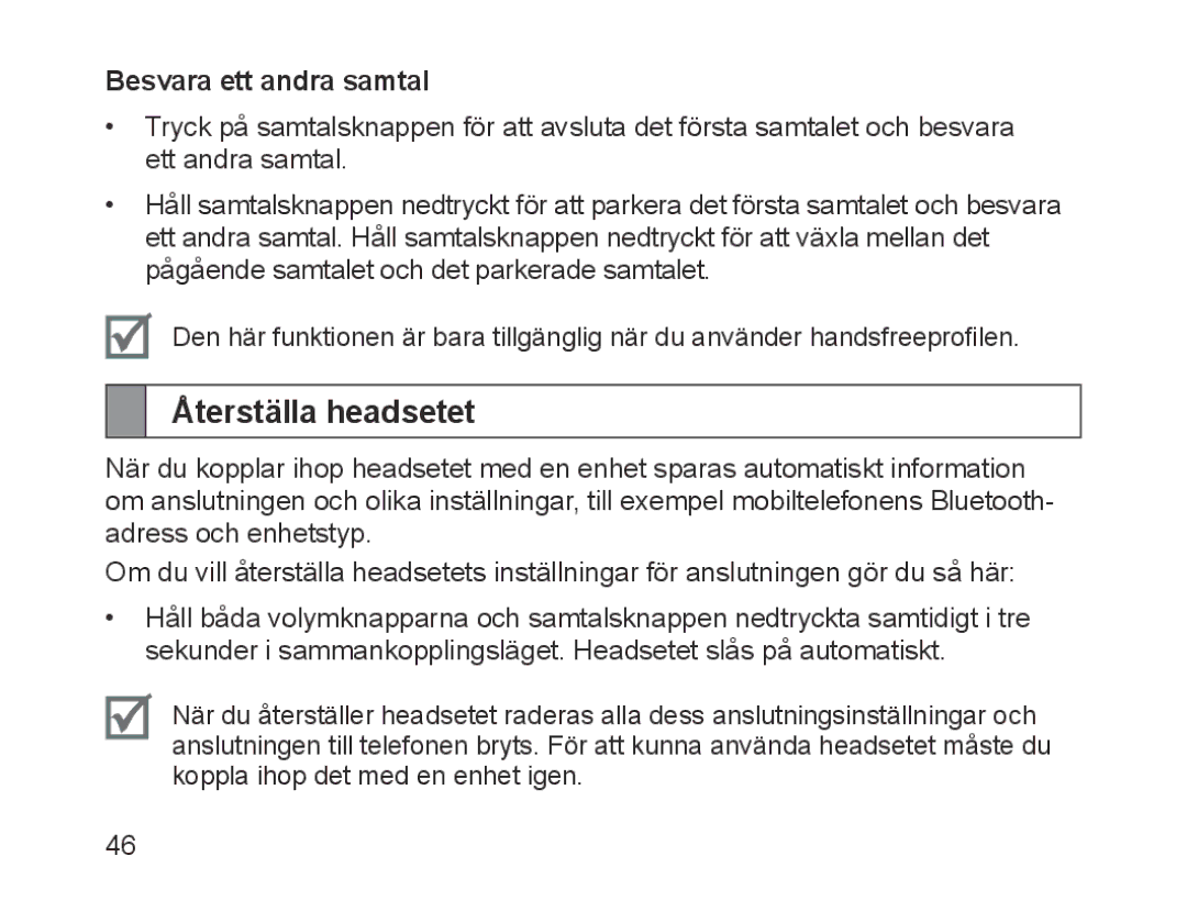 Samsung BHM1700EPECXET, BHM1700VDECXEF, BHM1700VPECXEF, BHM1700EDECXEF manual Återställa headsetet, Besvara ett andra samtal 