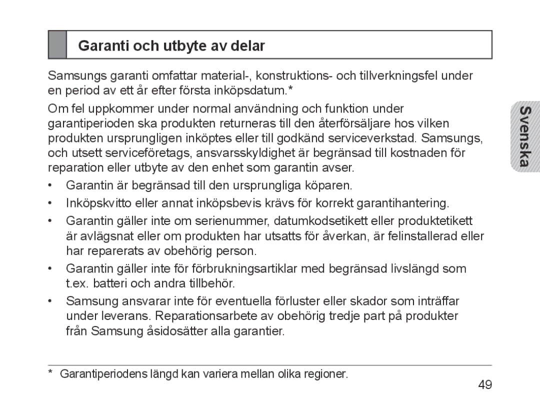 Samsung BHM1700EDECXEH, BHM1700VDECXEF, BHM1700VPECXEF, BHM1700EDECXEF, BHM1700EBECXEF manual Garanti och utbyte av delar 