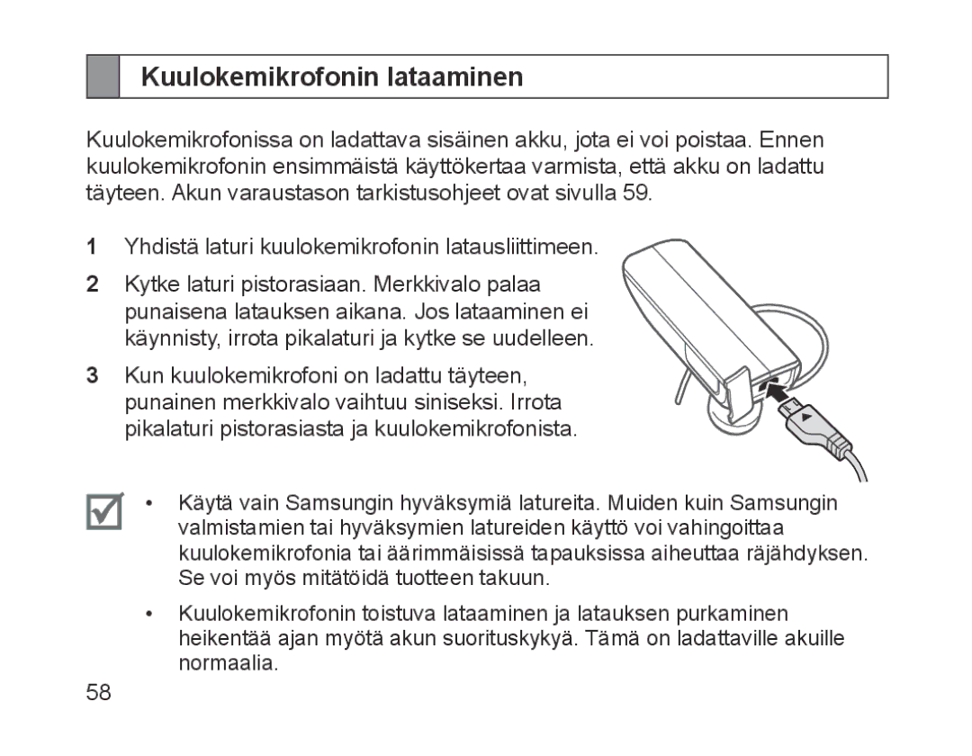 Samsung BHM1700EPECHAT, BHM1700VDECXEF, BHM1700VPECXEF, BHM1700EDECXEF, BHM1700EBECXEF manual Kuulokemikrofonin lataaminen 