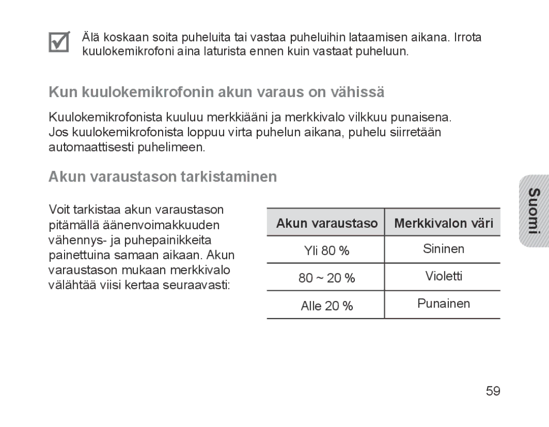 Samsung BHM1700EDRCSER, BHM1700VDECXEF manual Kun kuulokemikrofonin akun varaus on vähissä, Akun varaustason tarkistaminen 