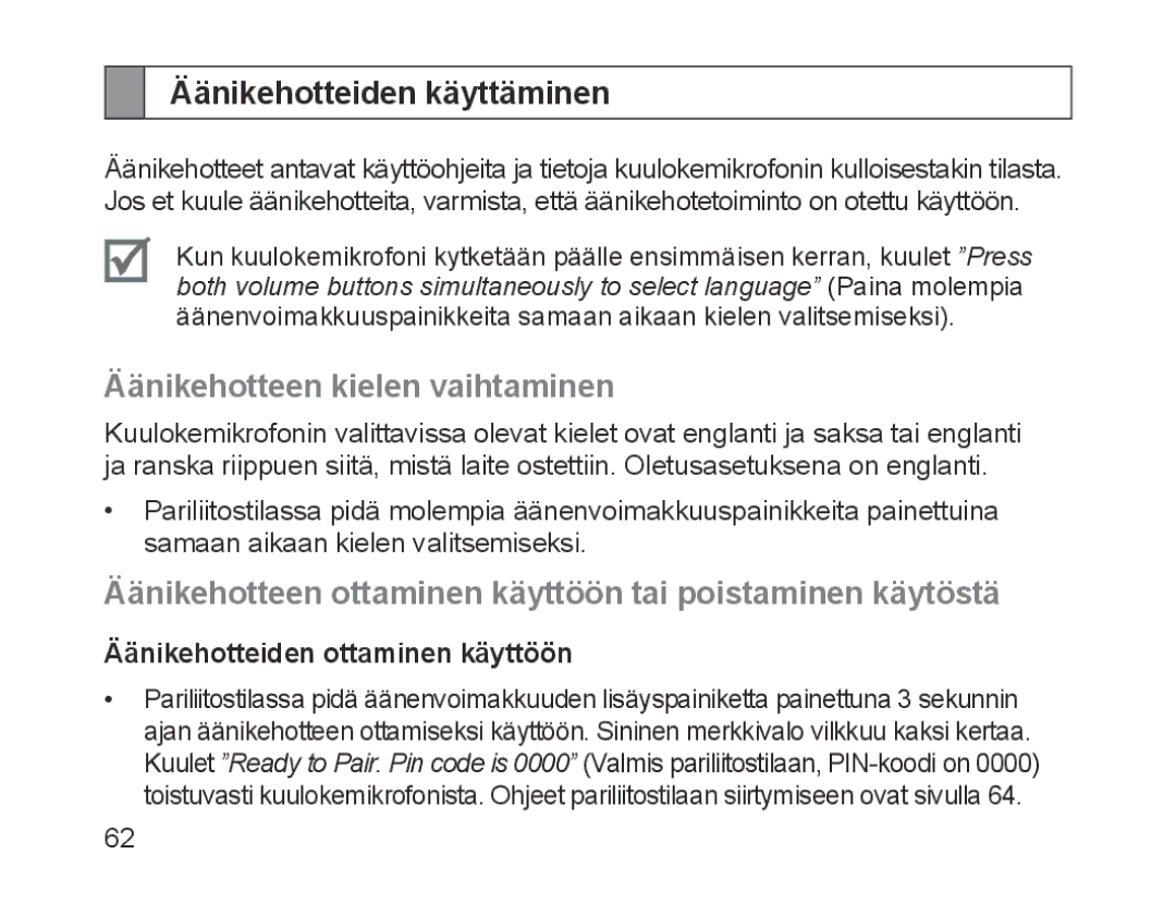 Samsung BHM1700VPECXEF Äänikehotteiden käyttäminen, Äänikehotteen kielen vaihtaminen, Äänikehotteiden ottaminen käyttöön 