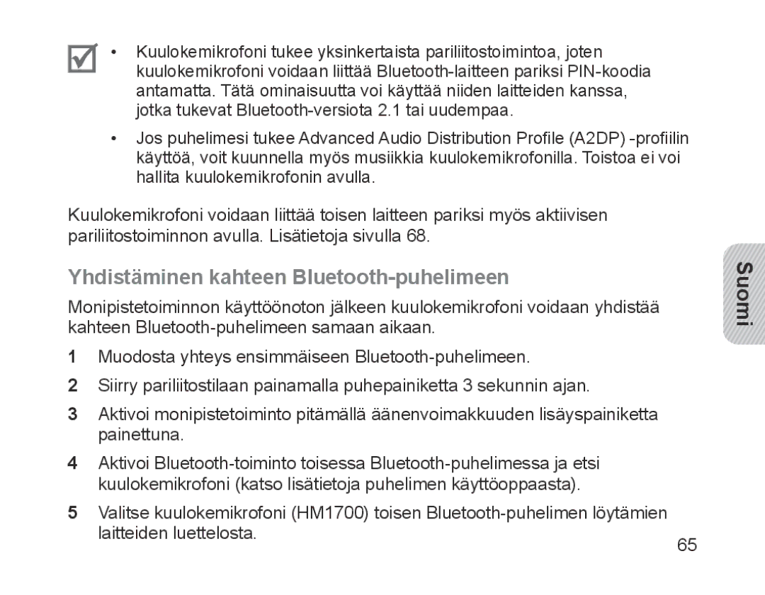 Samsung BHM1700EPECXEF, BHM1700VDECXEF, BHM1700VPECXEF, BHM1700EDECXEF manual Yhdistäminen kahteen Bluetooth-puhelimeen 