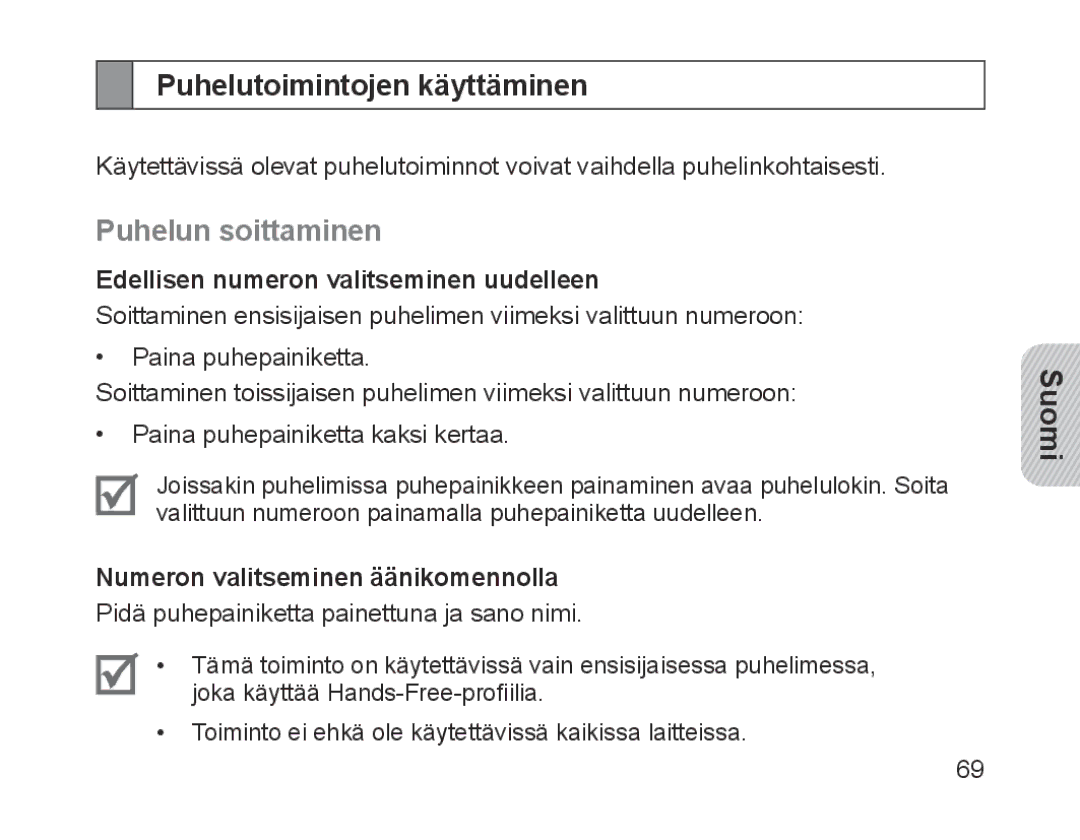 Samsung BHM1700EDECXEV manual Puhelutoimintojen käyttäminen, Puhelun soittaminen, Edellisen numeron valitseminen uudelleen 