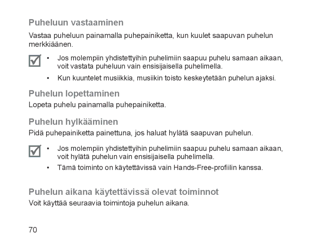 Samsung BHM1700EDECXEH, BHM1700VDECXEF, BHM1700VPECXEF manual Puheluun vastaaminen, Puhelun lopettaminen, Puhelun hylkääminen 