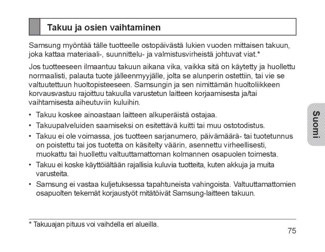 Samsung BHM1700EDECEUR, BHM1700VDECXEF, BHM1700VPECXEF, BHM1700EDECXEF, BHM1700EBECXEF manual Takuu ja osien vaihtaminen 