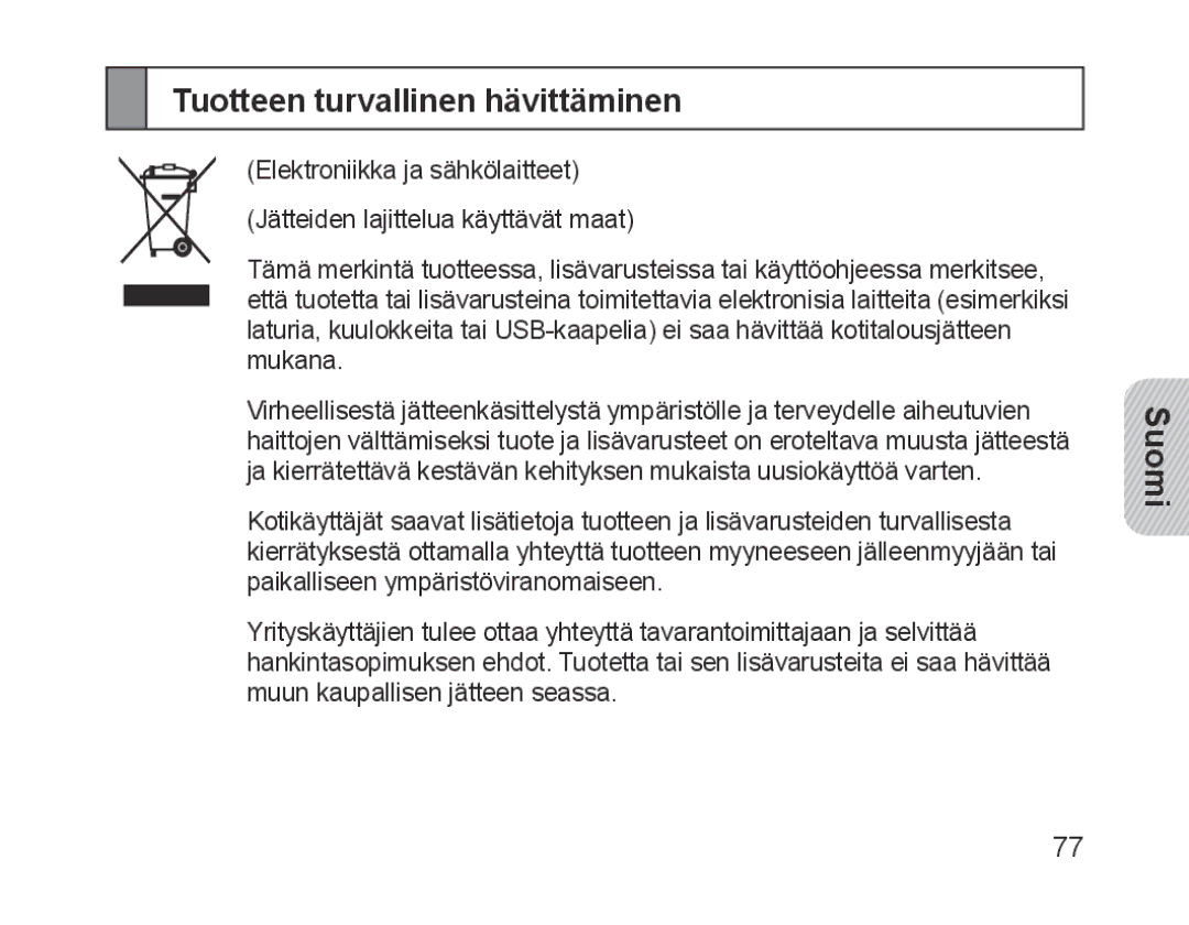 Samsung BHM1700EDECHAT, BHM1700VDECXEF, BHM1700VPECXEF, BHM1700EDECXEF, BHM1700EBECXEF manual Tuotteen turvallinen hävittäminen 