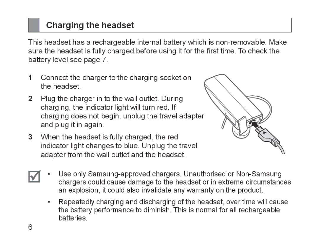 Samsung BHM1700EDECXEV, BHM1700VDECXEF, BHM1700VPECXEF, BHM1700EDECXEF, BHM1700EBECXEF, BHM1700EPECXEF Charging the headset 