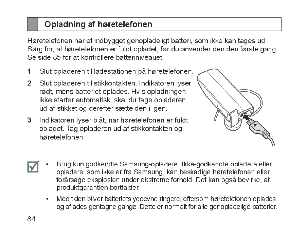 Samsung BHM1700EDECXEF, BHM1700VDECXEF, BHM1700VPECXEF, BHM1700EBECXEF, BHM1700EPECXEF manual Opladning af høretelefonen 