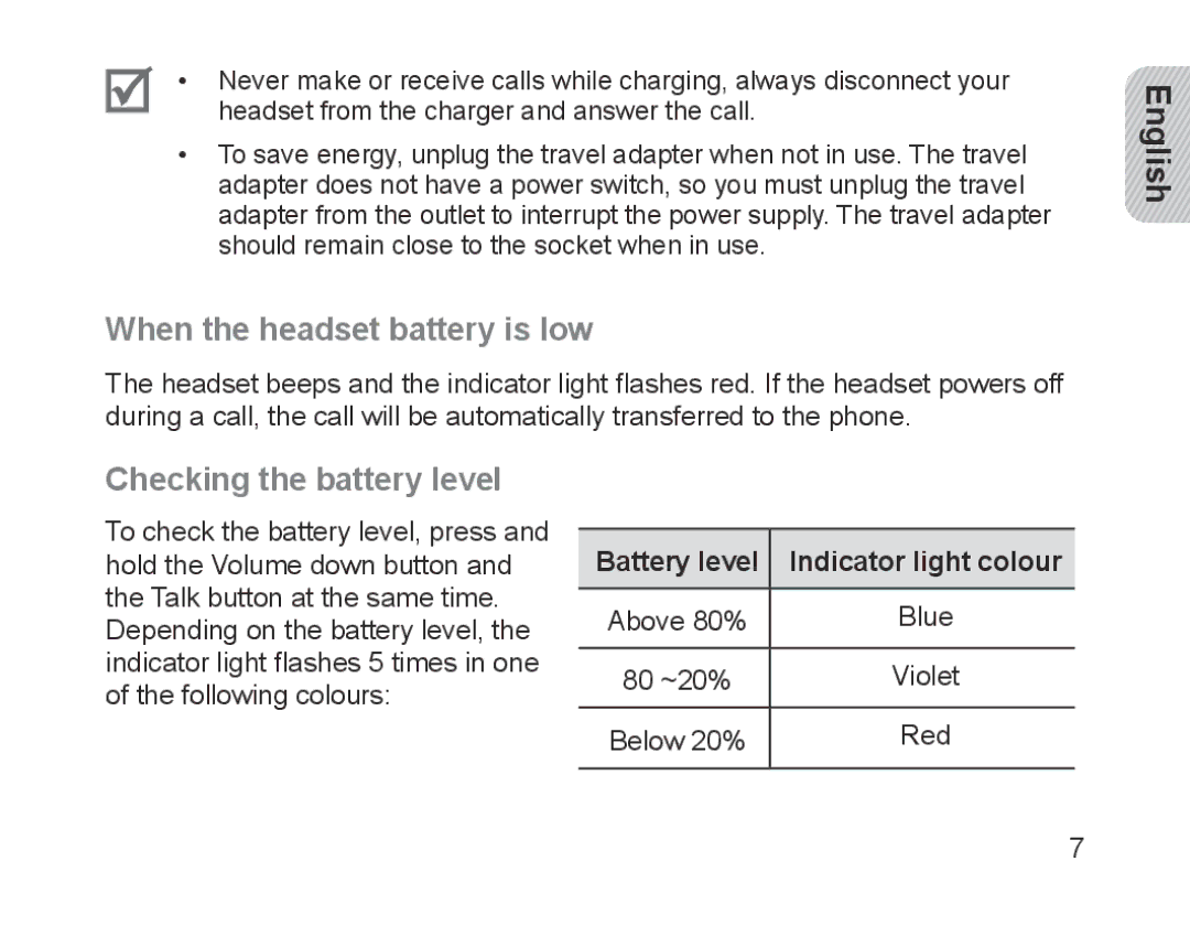 Samsung BHM1700EDECXEH When the headset battery is low, Checking the battery level, Battery level Indicator light colour 