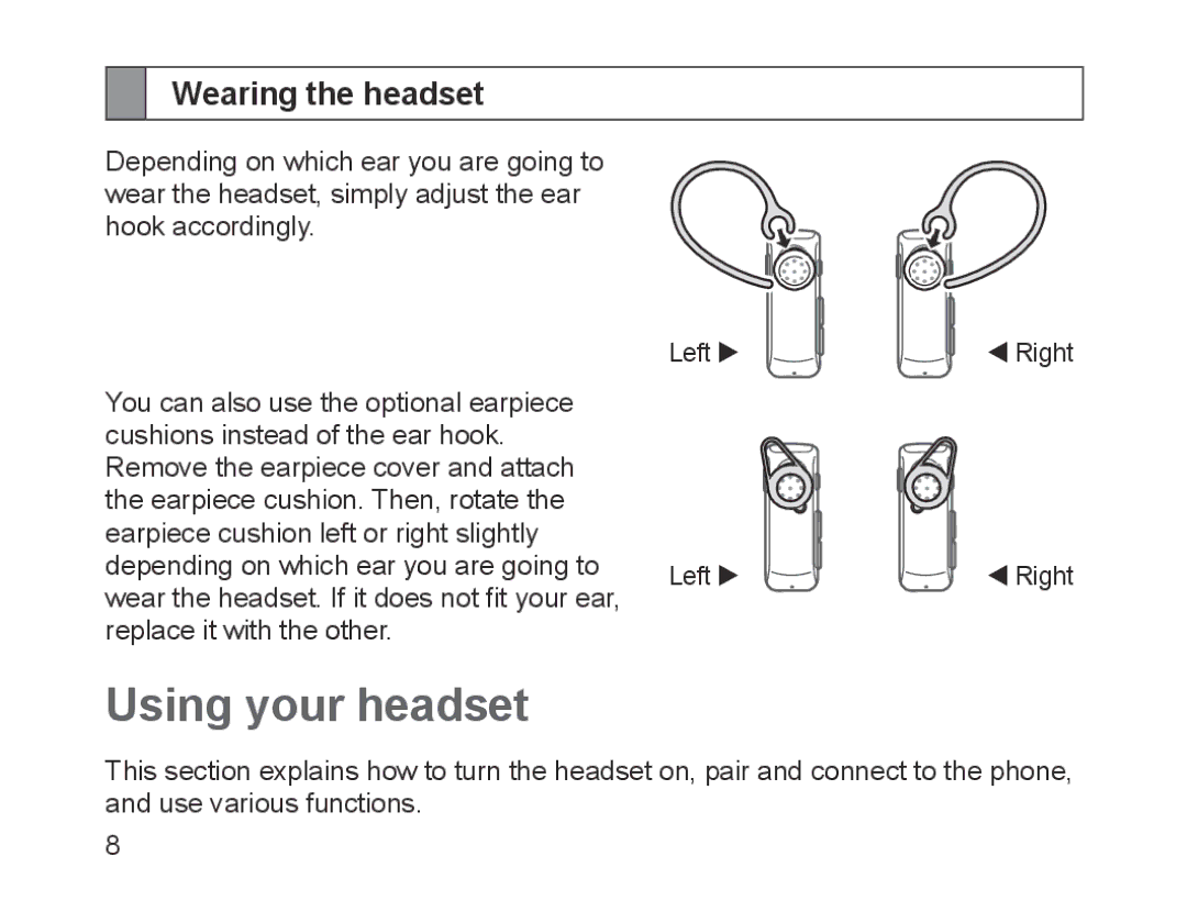 Samsung BHM1700EPECXEH, BHM1700VDECXEF, BHM1700VPECXEF, BHM1700EDECXEF manual Using your headset, Wearing the headset 