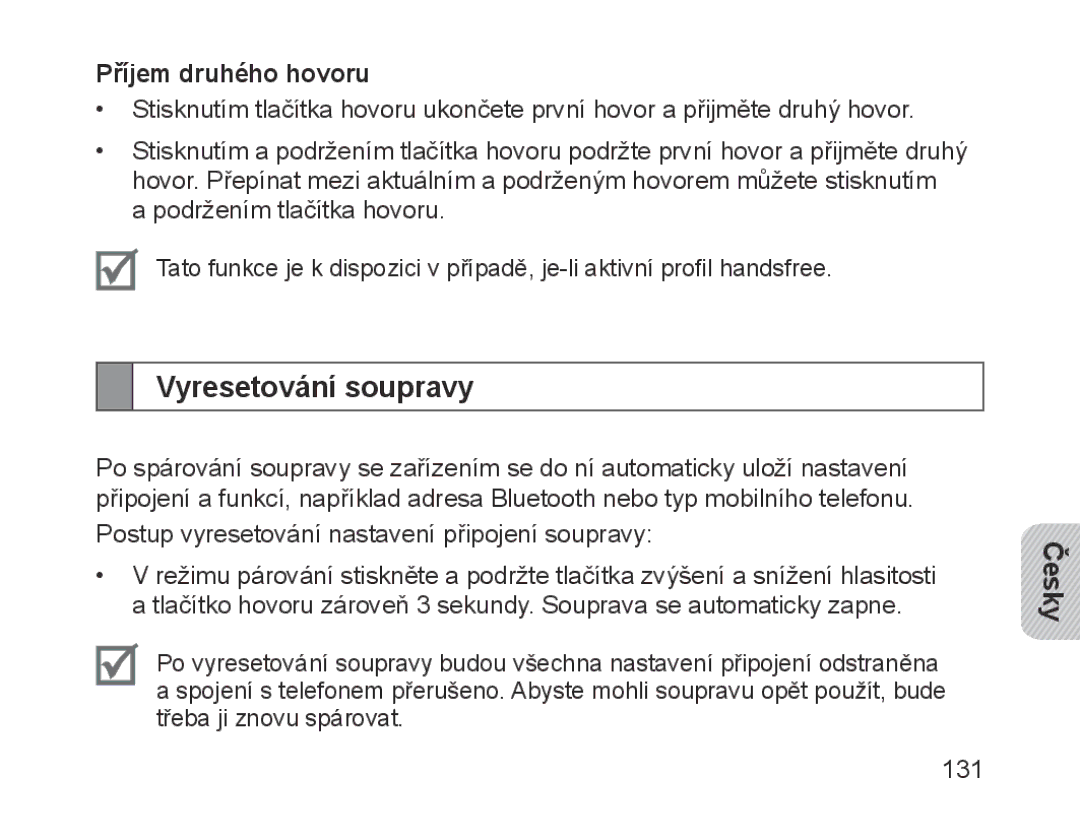 Samsung BHM1700EDECFOP, BHM1700VDECXEF, BHM1700VPECXEF, BHM1700EDECXEF manual Vyresetování soupravy, Příjem druhého hovoru 