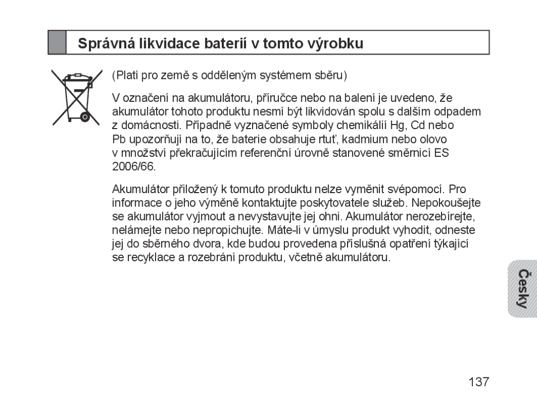 Samsung BHM1700EPECEUR, BHM1700VDECXEF, BHM1700VPECXEF, BHM1700EDECXEF manual Správná likvidace baterií v tomto výrobku 