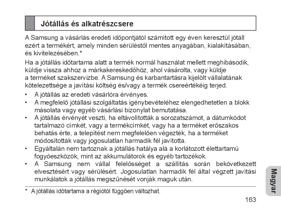 Samsung BHM1700EPECHAT, BHM1700VDECXEF, BHM1700VPECXEF, BHM1700EDECXEF, BHM1700EBECXEF manual Jótállás és alkatrészcsere 