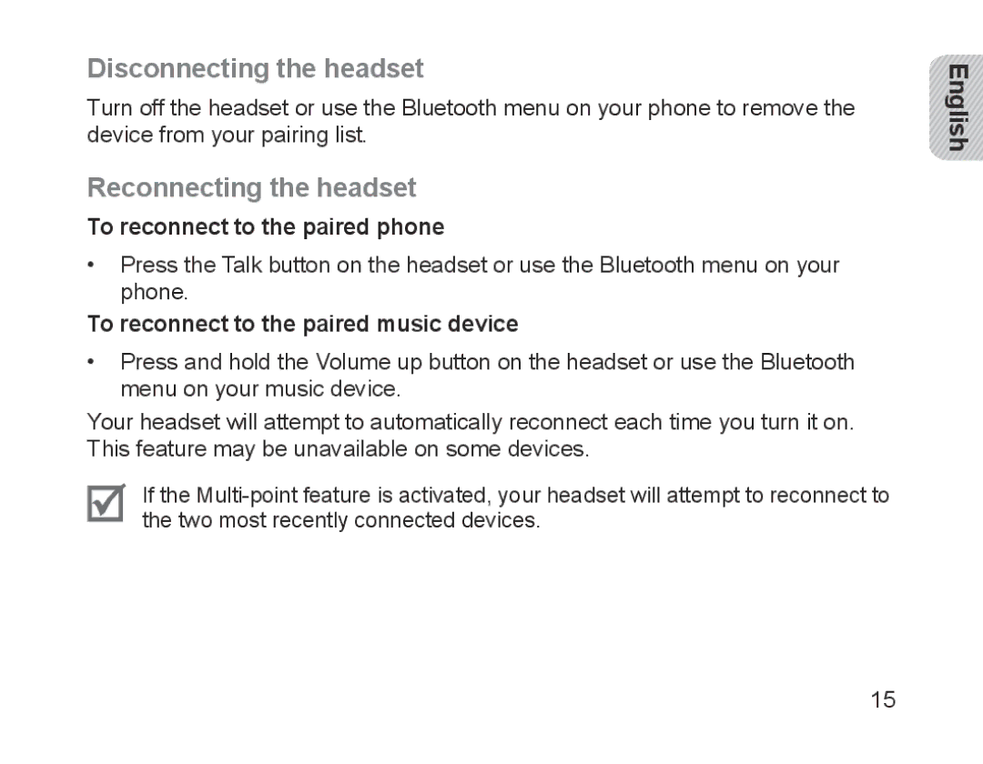 Samsung BHM1700EMECHAT manual Disconnecting the headset, Reconnecting the headset, To reconnect to the paired phone 