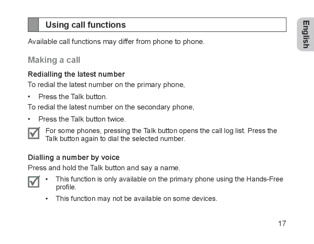 Samsung BHM1700EDRCSER manual Using call functions, Making a call, Redialling the latest number, Dialling a number by voice 