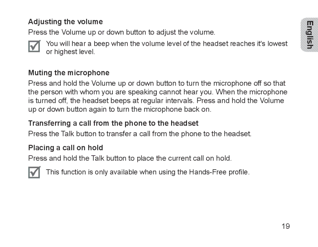 Samsung BHM1700VDECXEF Adjusting the volume, Muting the microphone, Transferring a call from the phone to the headset 